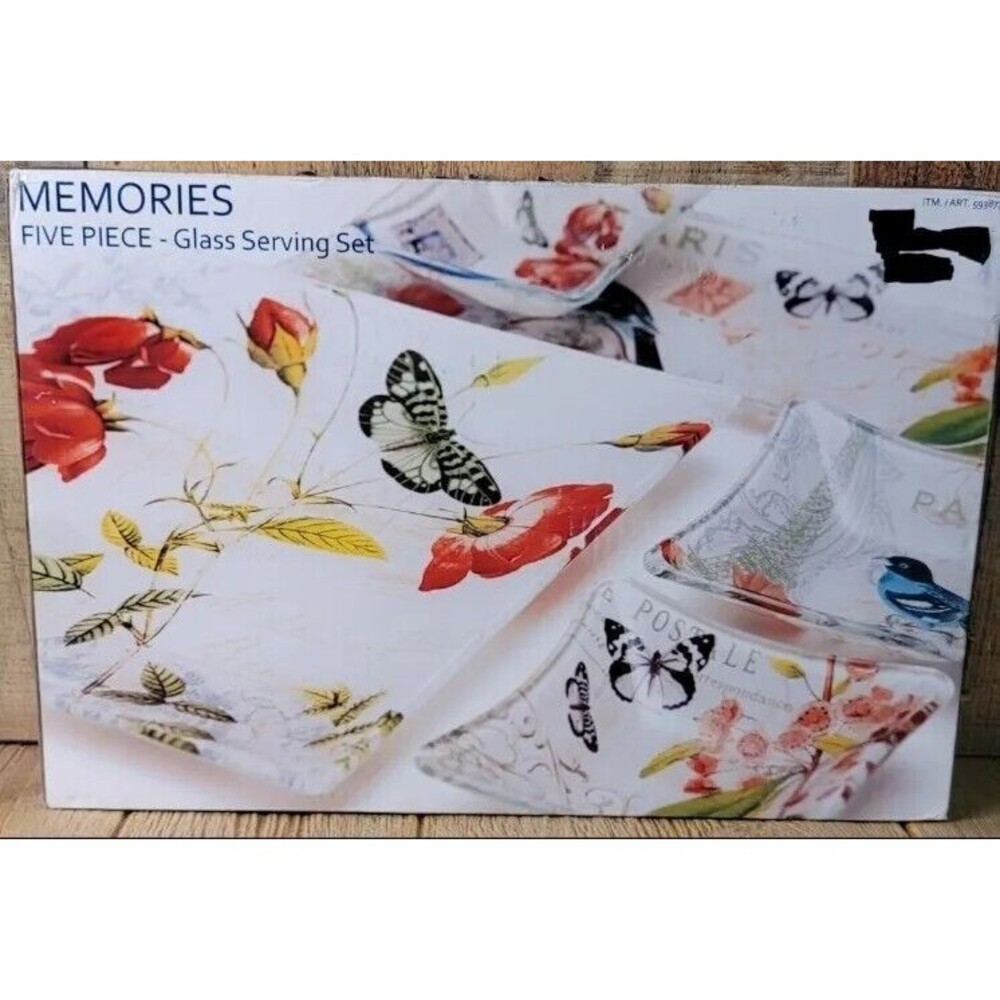 Memories Artisan Glasswork 5 pc. Textured Glass Serving Pieces with Bird/Floral